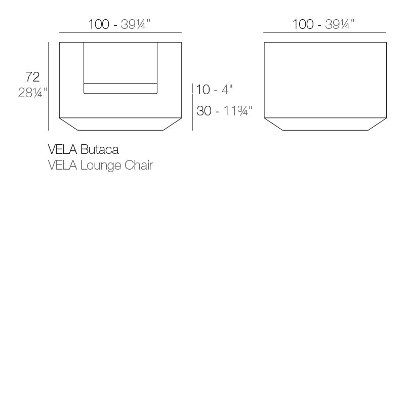 Vela lounge chair dimensions diagram 100cm length 72 cm height | Chair dimensions