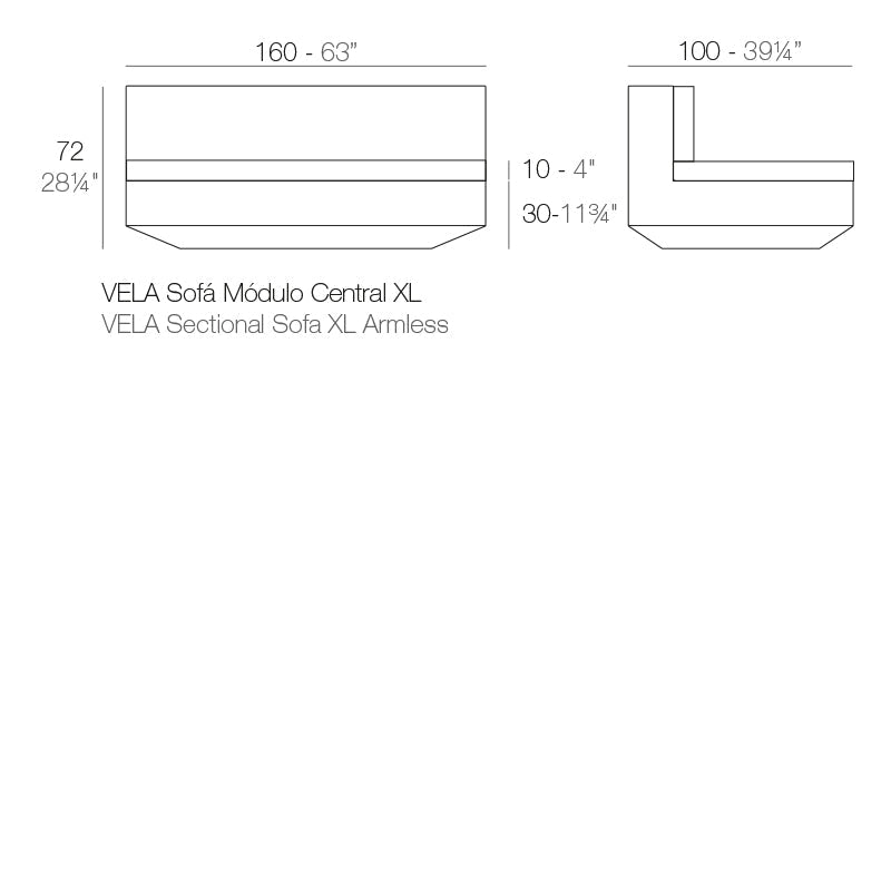 Vela sofa armless XL dimensions diagram 72 cm height and 160 cm length | Sofa dimensions