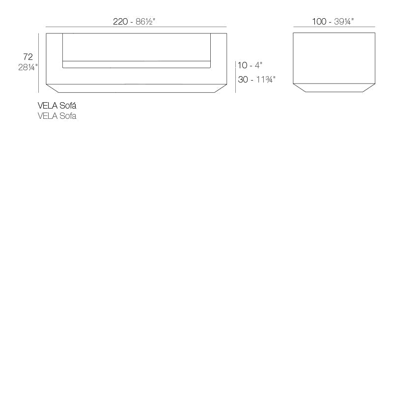 Vela sofa dimensions diagram 72 cm height 100 cm deep and 220 cm length | Sofa dimensions