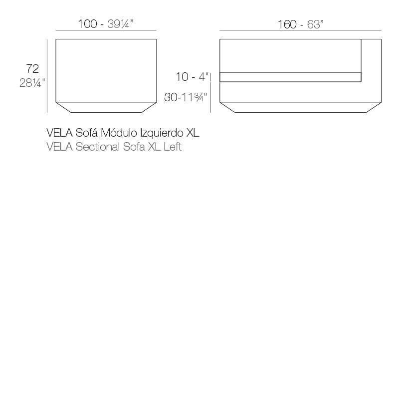 Vela sofa left XL dimensions 72 cm height and 160 cm length | Sofa dimensions