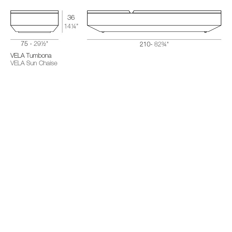 Vela sunbed dimensions diagram 210 cm in length and 36 cm height | Lounger dimensions