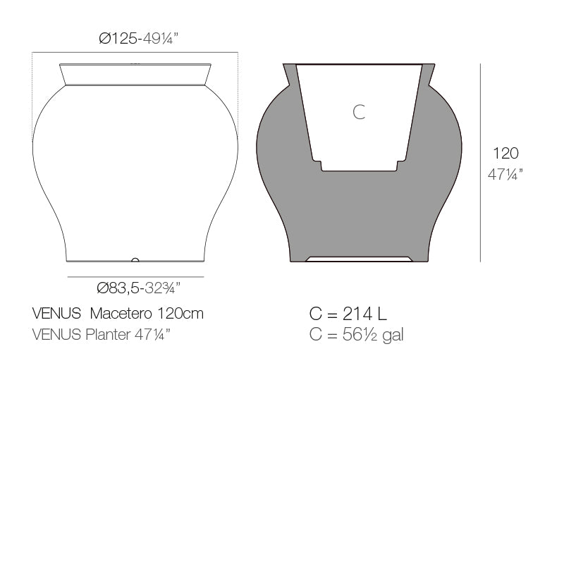 Venus planter 125 by Vondom, dimensions 120cm height, Ø125cm , base Ø83 width | Planter dimensions