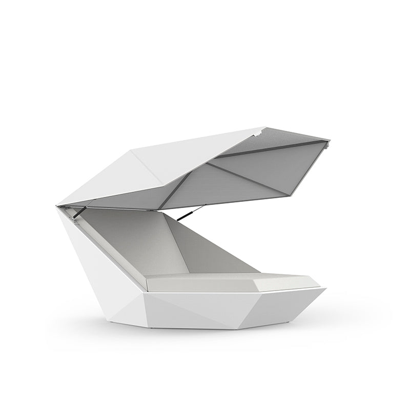 White Faz daybed with hinged canopy and 360 swivel by Ramón Esteve for Vondom, sustainable luxury outdoor daybed – Modern Coastal Living.| White