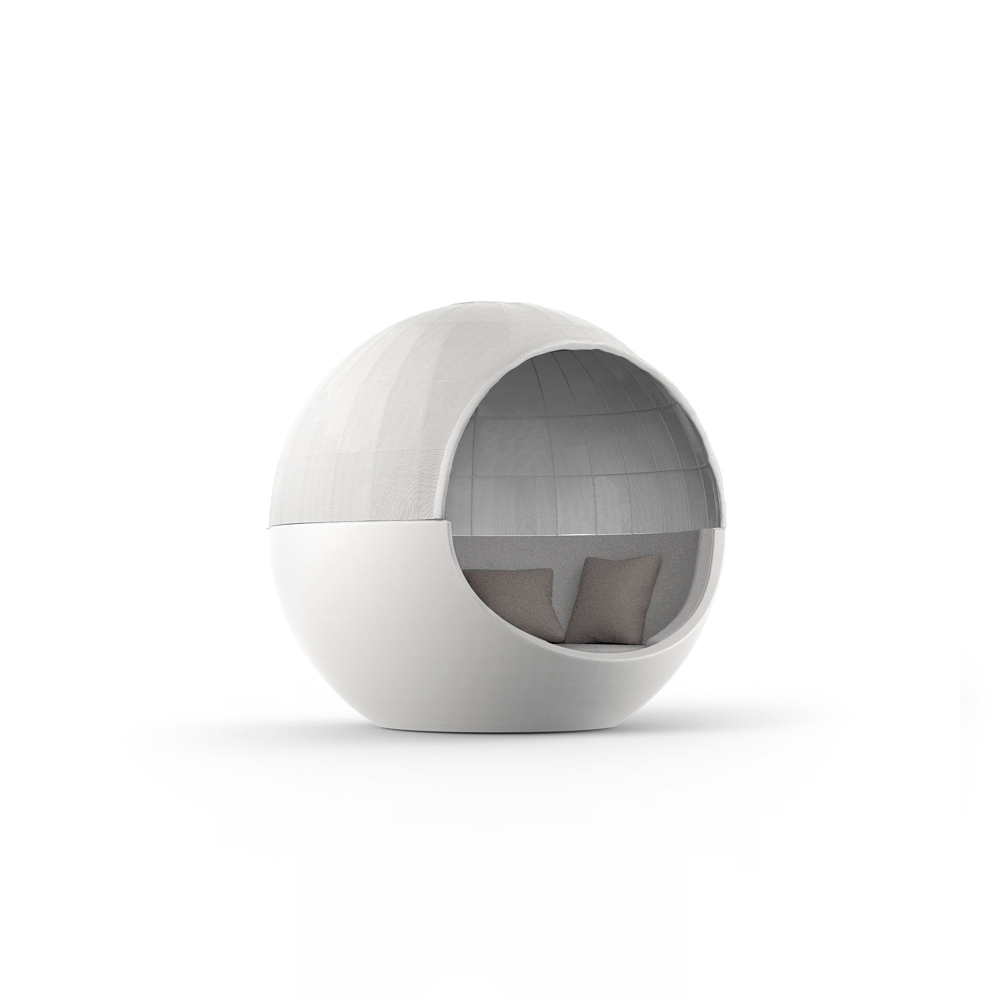White Moon daybed with fabric roof by Ramón Esteve for Vondom, luxury outdoor half-moon lounger in reclaimed elegance made from Mediterranean recycled plastic – Modern Coastal Living.| White