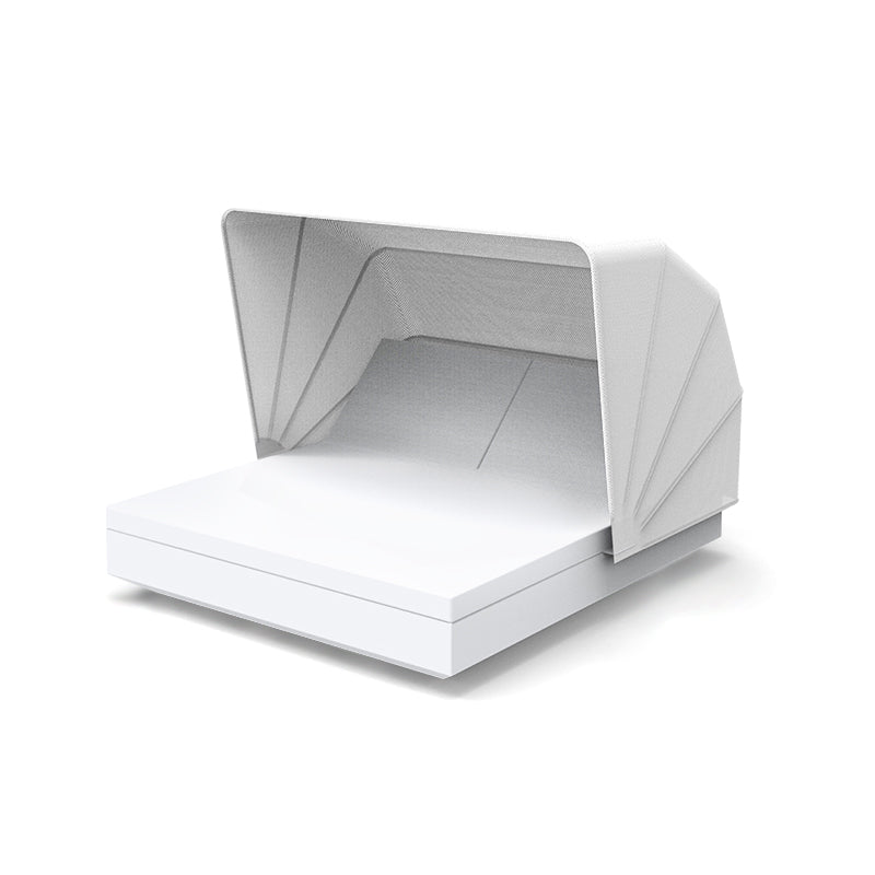 White Vela square daybed with 2 reclining backrests and sunroof by Ramón Esteve for Vondom, crafted from recycled Mediterranean plastic – Modern Coastal Living.| White