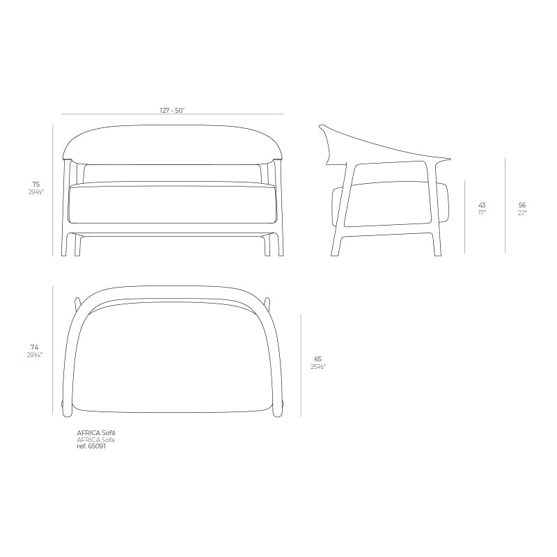 Medium Africa sofa dimensions measuring 127 cm wide x 65 cm deep x 75 cm high| Sofa dimensions