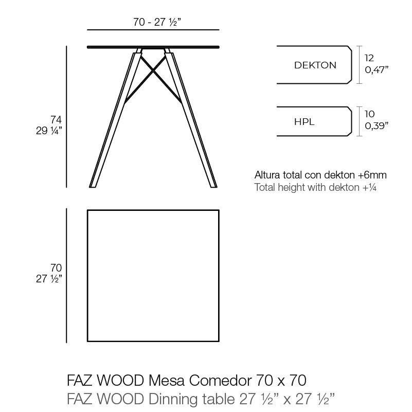 Faz dining table wooden legs medium dimensions 74 cm height 70 cm width | Table dimensions
