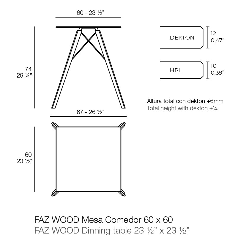 Faz dining table wooden legs table dimensions 74 cm height and 67 cm width.| Table dimensions