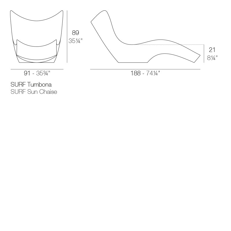 Surf sun lounger dimensions diagram 188 cm in length and 89 cm in height | Sun lounger dimensions