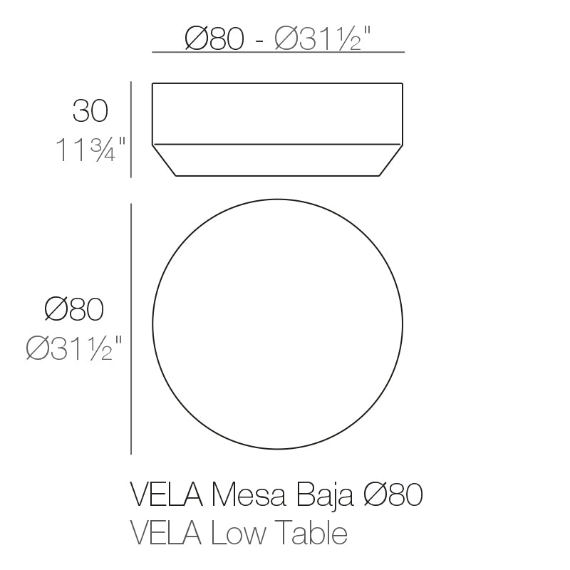 Vela medium coffee table dimensions diagram 30cm height Ø80 cm | Table dimensions