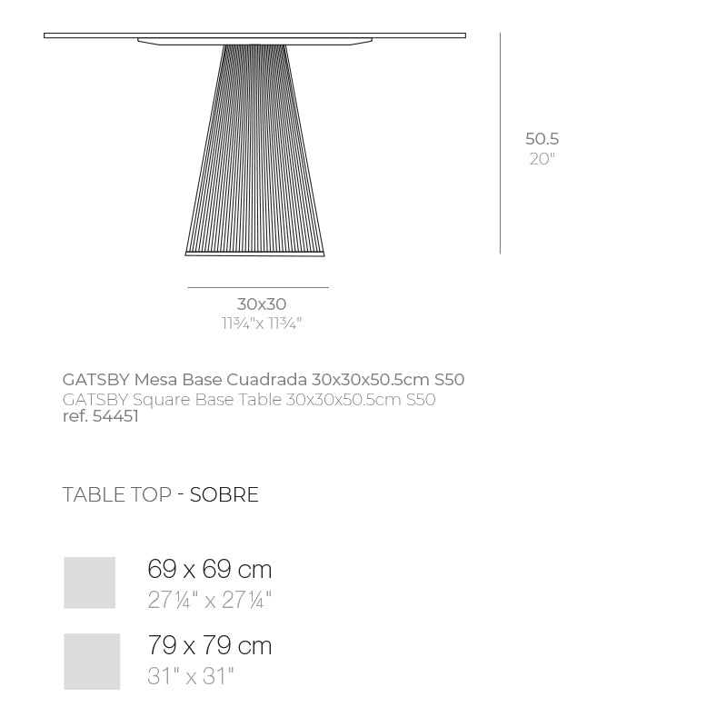 54451 gatsby designer table dimensions diagram 50.5 cm in height 30 cm x 30 cm base| 54451 dimensions