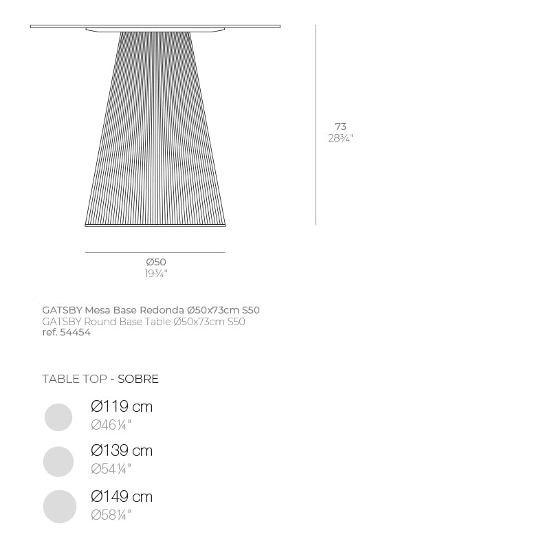 54454 Gatsby dimensions  diagram 73 cm in height and Ø50 base| 54454 dimensions