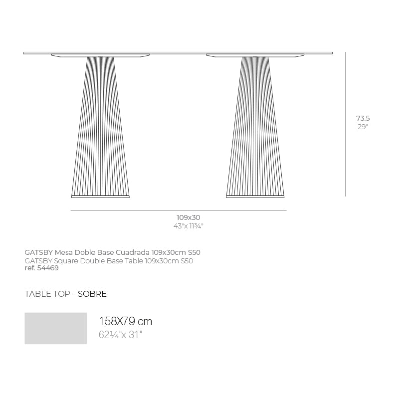 54469 Gatsby table dimensions diagram 73.5 in height and 109 x30 cm base dimensions| 54469 dimensions