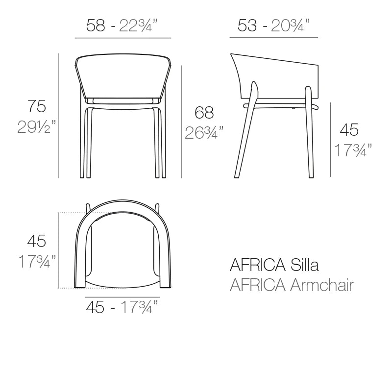 Africa armchair dimensions diagram 58cm width and 75 cm in height| Chair dimensions