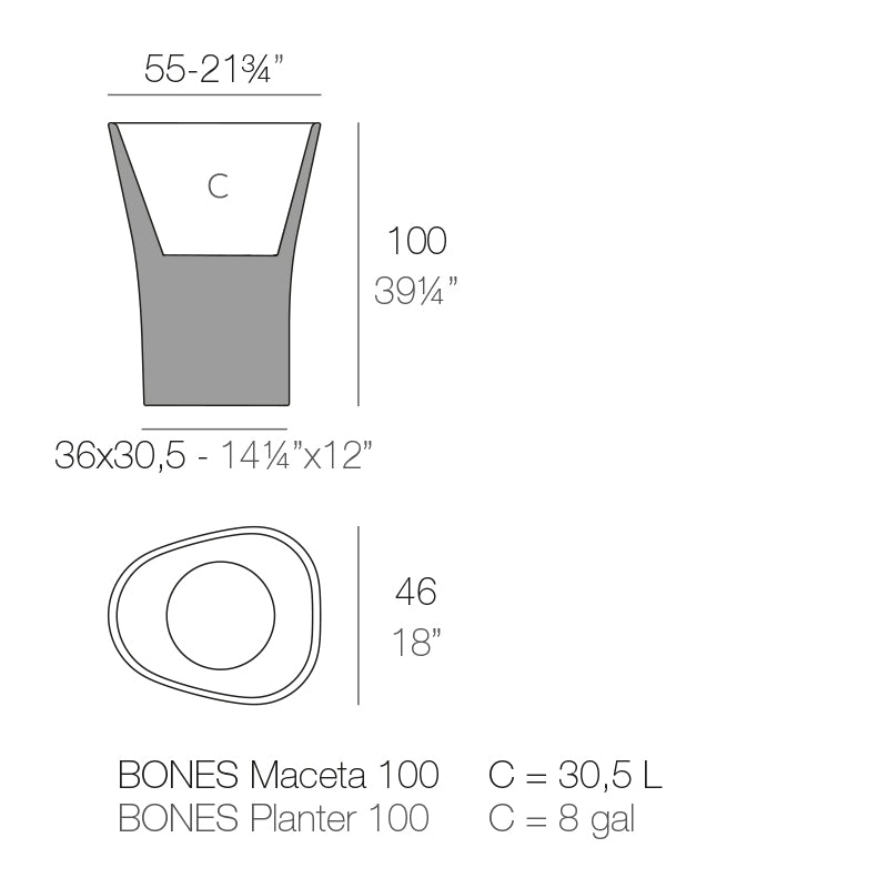Bones planter 46 by Vondom, dimensions 100cm height 55 cm width .| Planter dimensions