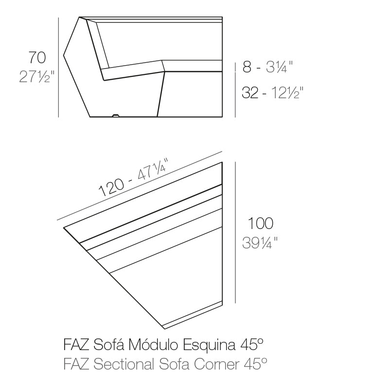 Faz corner sofa 45° dimensions 70 cm height and 120 cm width| Sofa dimensions