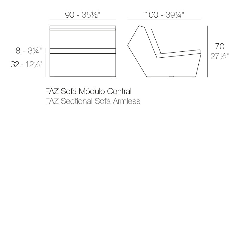 Faz sofa armless module dimensions 70 cm height and 100 cm width| Sofa dimensions