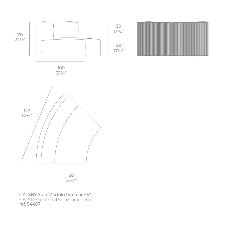 Gatsby Round Corner 45° Section dimensions diagram 157 cm in length and 70 cm in height| Sofa dimensions