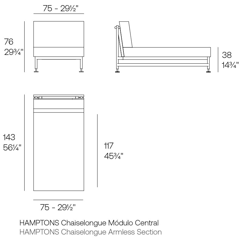Hamptons chaise lounge armless  dimensions diagram 143 cm in length and 75 cm width| Sofa dimensions
