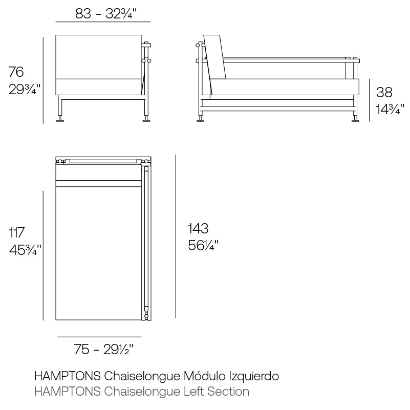 Hamptons chaise lounge left section dimension 143 cm in length and 75 cm in width| Sofa dimensions