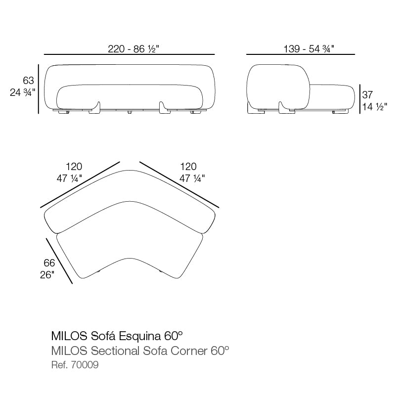 Milos Sectional Sofa Corner 60° dimensions diagram 220cm in length 63 cm in height| Sofa dimensions