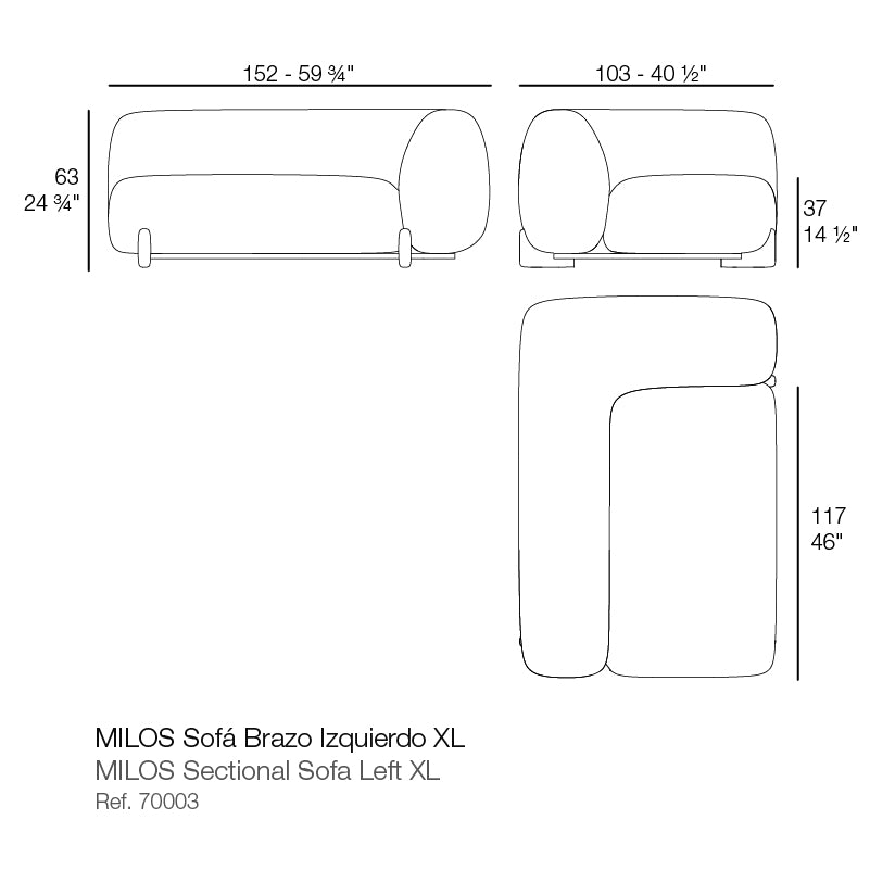 Milos Sectional Sofa Left Arm XL dimensions diagram 152 cm in length 63 cm in height | Sofa dimensions