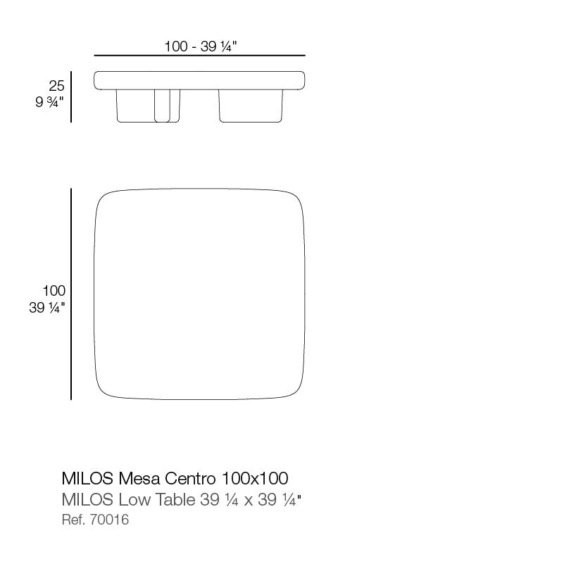 Milos coffee table 70016 dimensions diagram tabletop 100 cm 100 cm and 25 cm in height  | Table dimensions