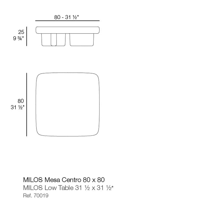 Milos coffee table 70019_ dimensions diagram table top is 80cm x 80cm 25 cm in height | Table dimensions