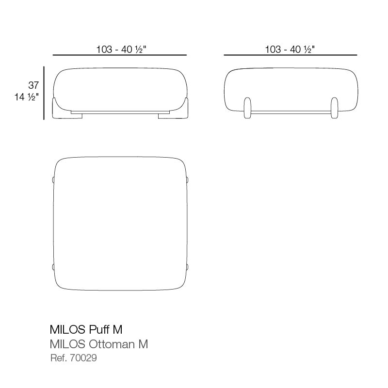 Milos puff dimensions diagram 103 cm in length and 37 cm in height  | Puff dimensions 