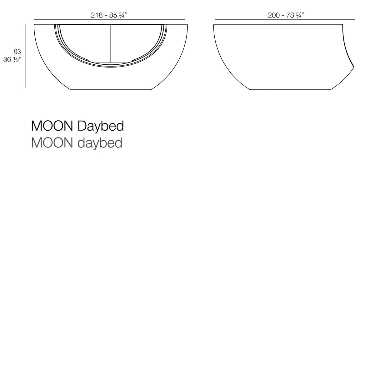 Moon daybed  dimensions diagram 218 cm in length and 93 cm in height| Daybed dimensions