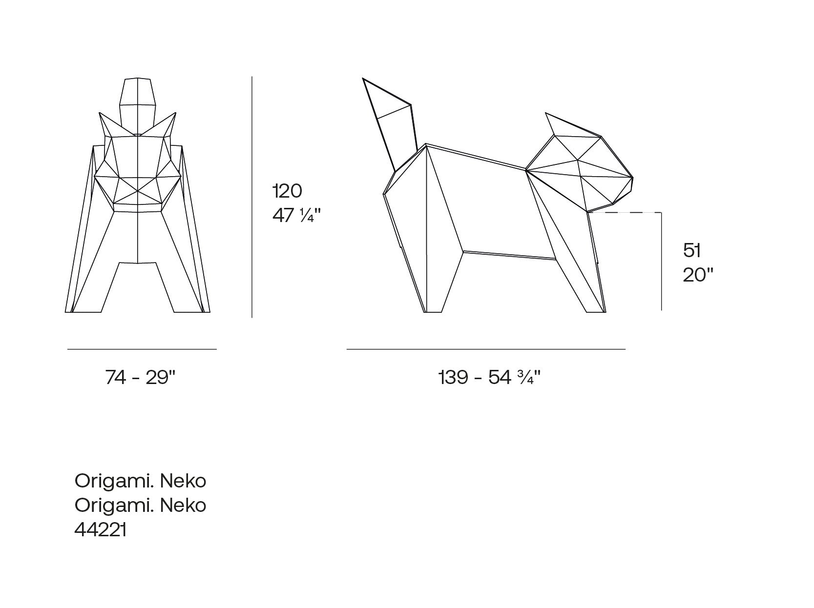 Origami Neko cat sculpture by Vondom,  dimensions 120 cm height and 74 cm width.| Neko dimensions