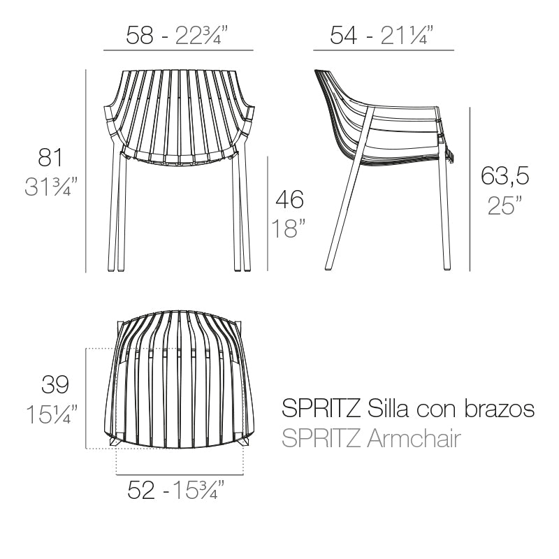 Spritz armchair by Archirivolto Design dimensions diagram 58 cm in width and 81 cm in height| Chair dimensions