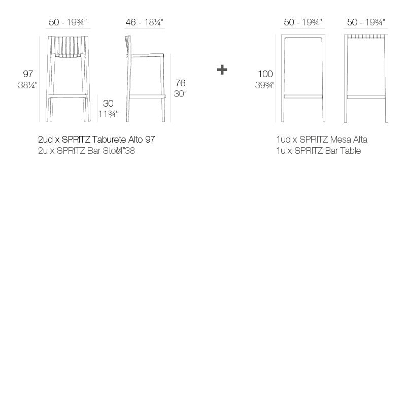 Spritz bar stools and bar table dimensions diagram table 50 cm width and 100 cm in height bar stool 50 cm in width and 97 cm in height | Bar stools & table dimensions