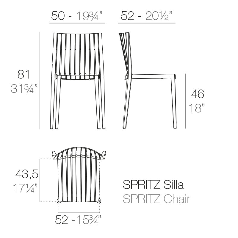Spritz chair by Archirivolto Design for Vondom chair dimensions diagram 52 cm width and 81 cm in height | Chair dimensions