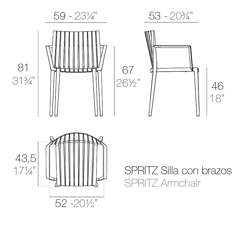 Spritz chair with arms by Archirivolto Design chair dimensions diagram 59 cm width and 81 cm  in height | Chair dimensions