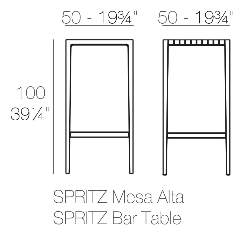 Spritz high table by Archirivolto Design for Vondom dimensions  diagram 50 cm width and 100 cm height | Table dimensions