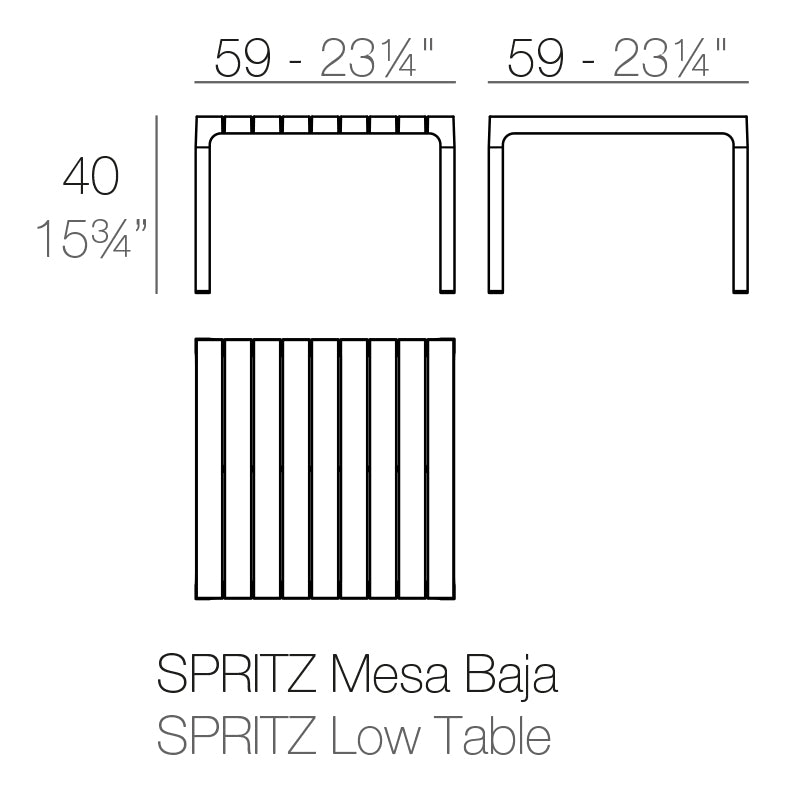 Spritz low coffee table dimensions diagram 59 cm in length and 40 cm in height | Table dimensions