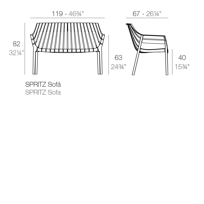 Spritz sofa by Archirivolto Design for Vondom dimensions diagram 119 length and 82 cm in height| Sofa dimensions