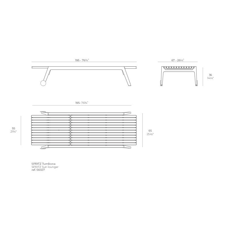 Spritz sun lounger by vondom dimensions diagram 195 cm in length and 65 cm in height | Sun Lounger dimensions
