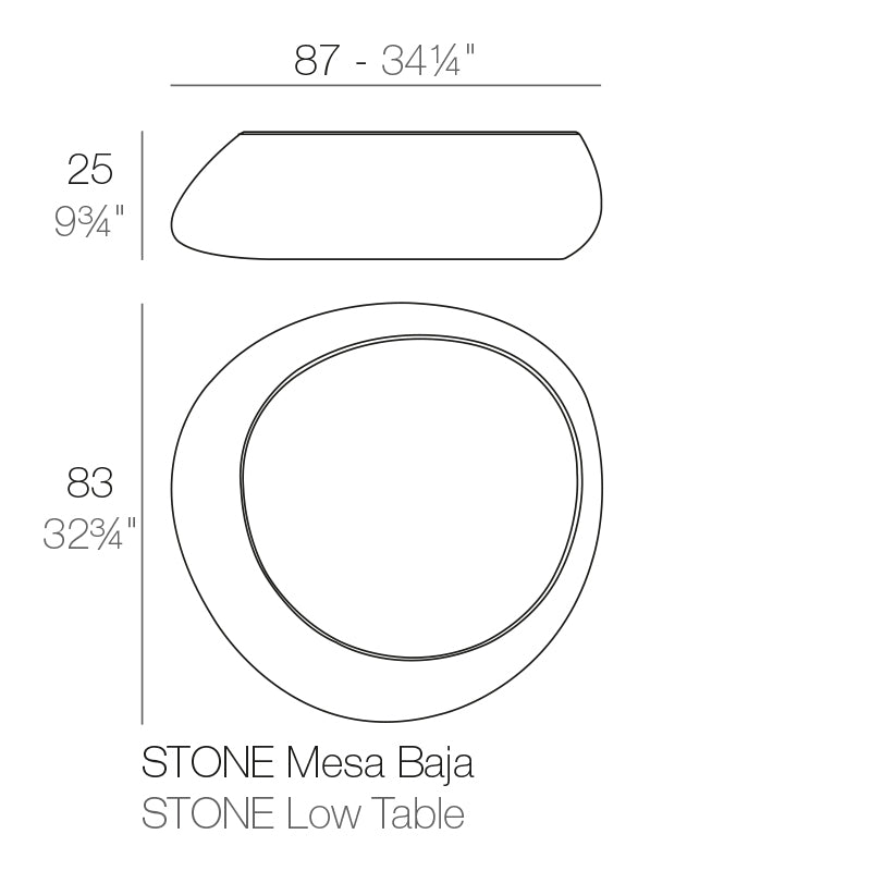 Stone Coffee table by Vondom Dimensions diagram  87 cm width, 83cm length and 25cm height | Table dimensions