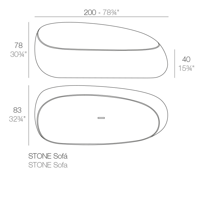 Stone Sofa dimensions diagram by Vondom  200cm width, 78 cm height and 83 cm deep | Sofa dimensions