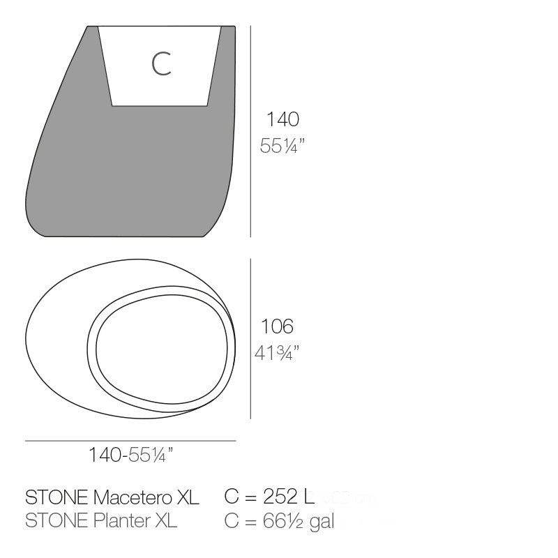 Stone planter 140 dimensions by Vondom, 140cm height, 140 width, 106 cm deep | Planter dimensions
