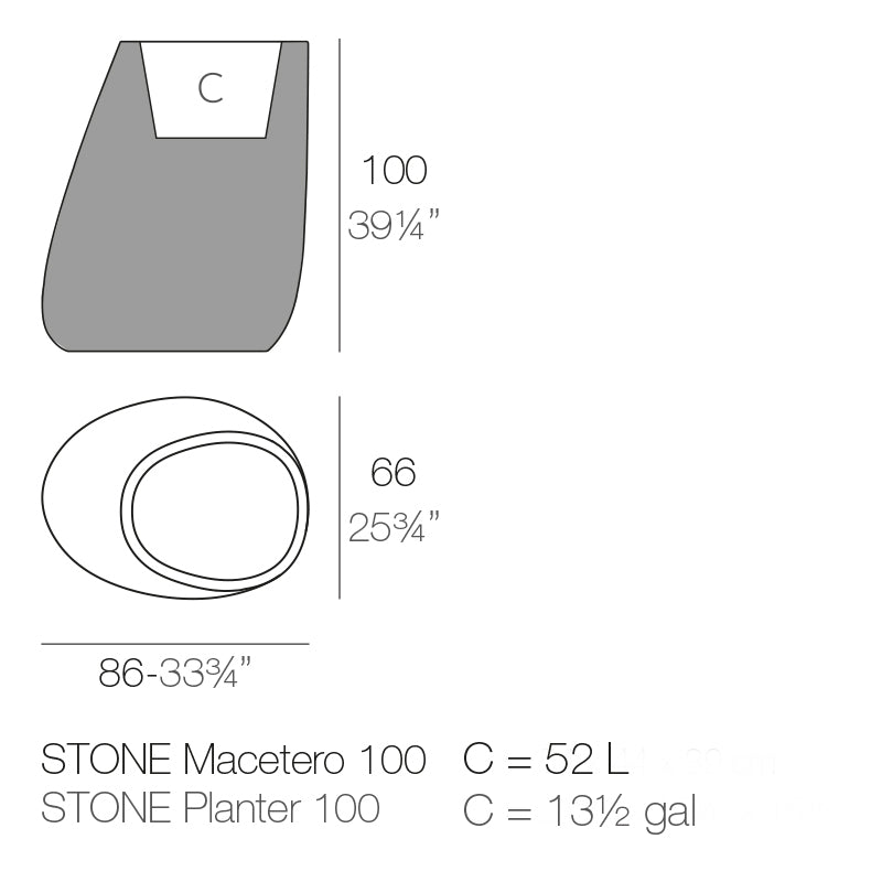 Stone planter 86 dimensions diagram  100 cm height 66cm width, 86 cm deep| Planter dimensions