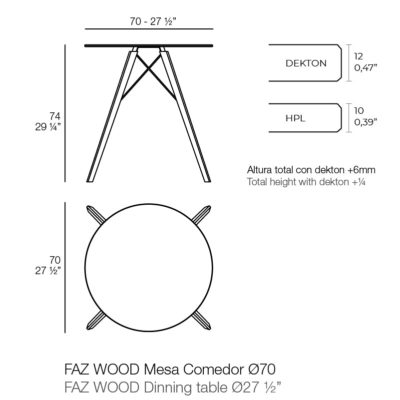 Faz dining table wooden legs dimensions 29 cm height and Ø70 cm width | Table dimensions