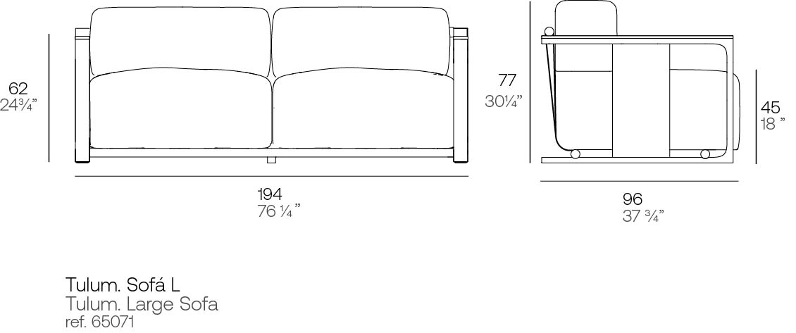 Tulum large sofa dimensions 194 cm in width and 62 cm in height | Sofa dimensions