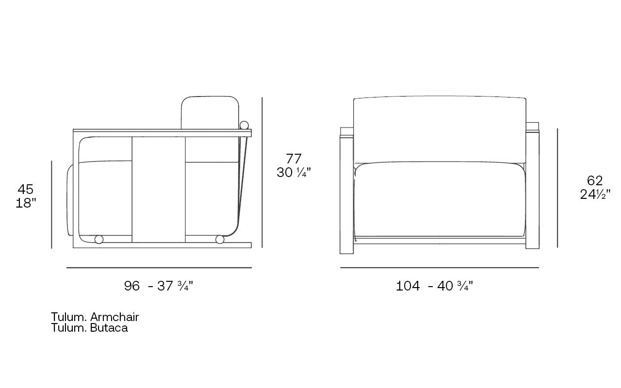Tulum lounge chair dimensions diagram 77 cm in height 104 cm width | Chair dimensions