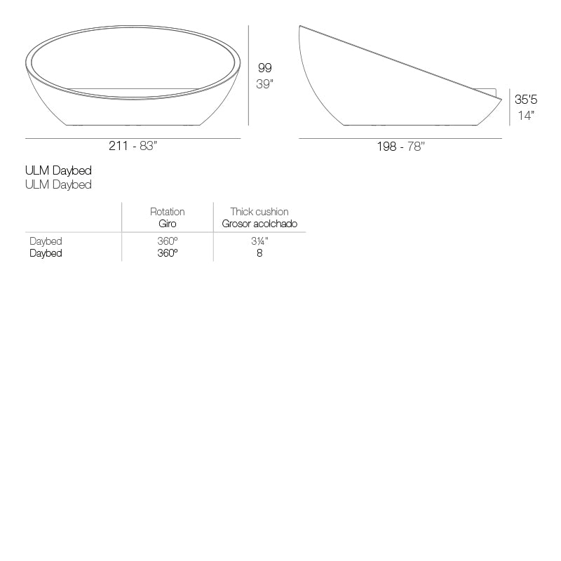 ULM dimensions diagram 99 cm in height 211 cm in length | Daybed dimensions