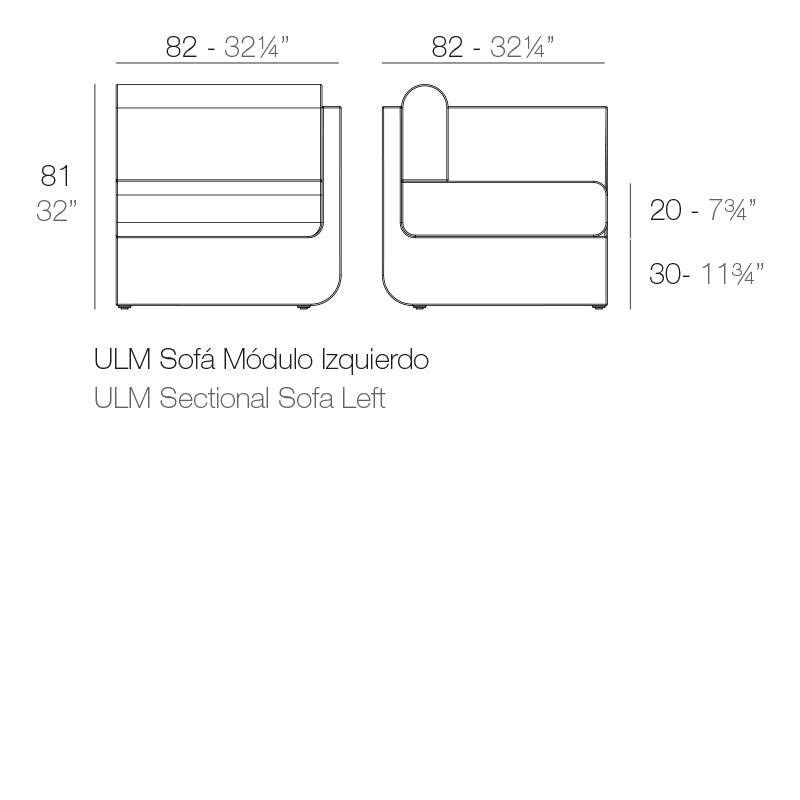 ULM left corner section modular sofa by vondom. Dimensions diagram | Sofa dimensions 