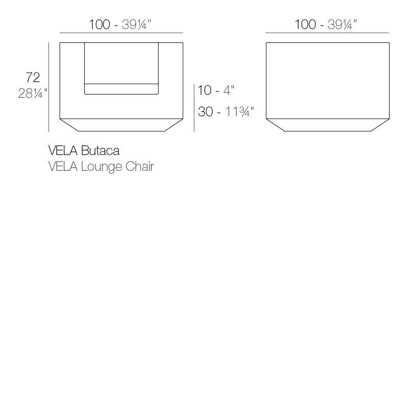 Vela lounge chair dimensions diagram  100cm length 72 cm height | Chair dimensions