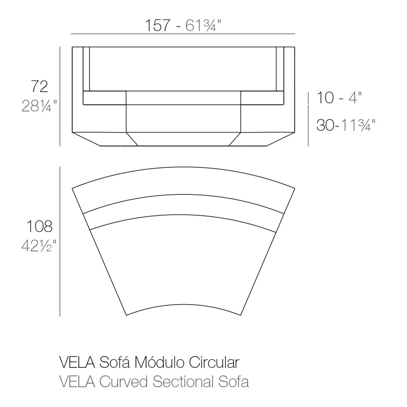 Vela sectional sofa curved dimensions 72cm height 157cm length| Sofa dimensions